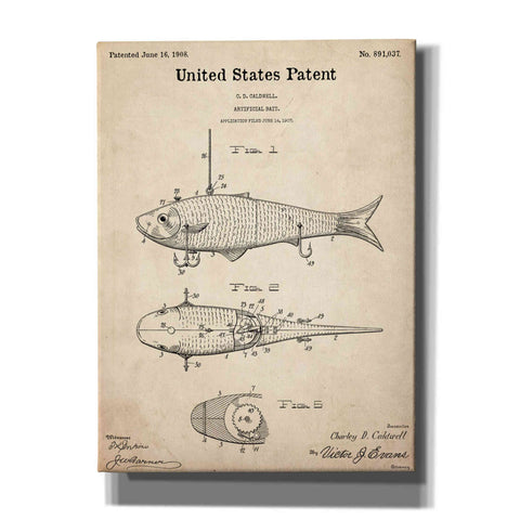 Image of 'Fish Bait Blueprint Patent Parchment,' Canvas Wall Art,12x16x1.1x0,18x26x1.1x0,26x34x1.74x0,40x54x1.74x0