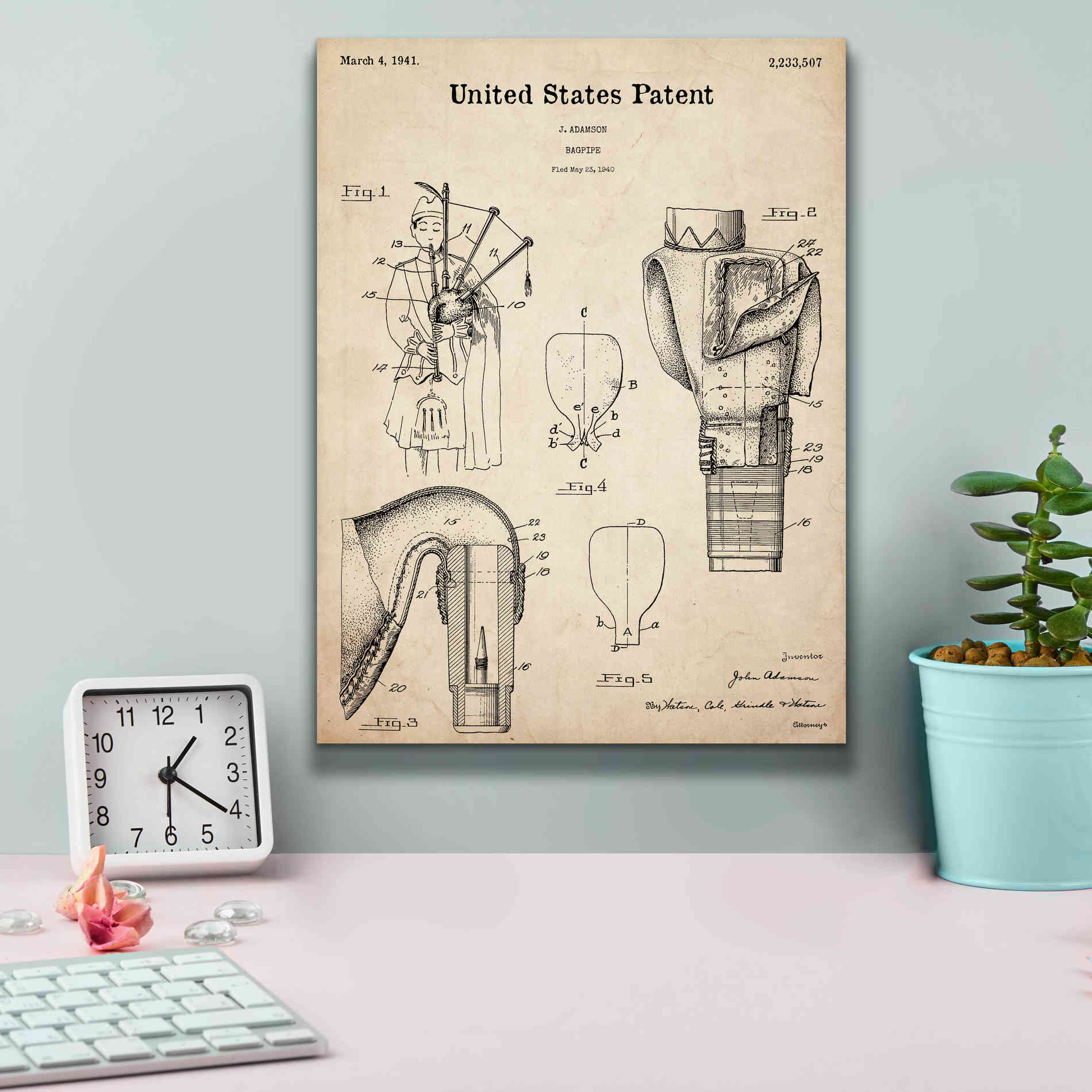 'Bagpipe Blueprint Patent Parchment,' Canvas Wall Art,12 x 16