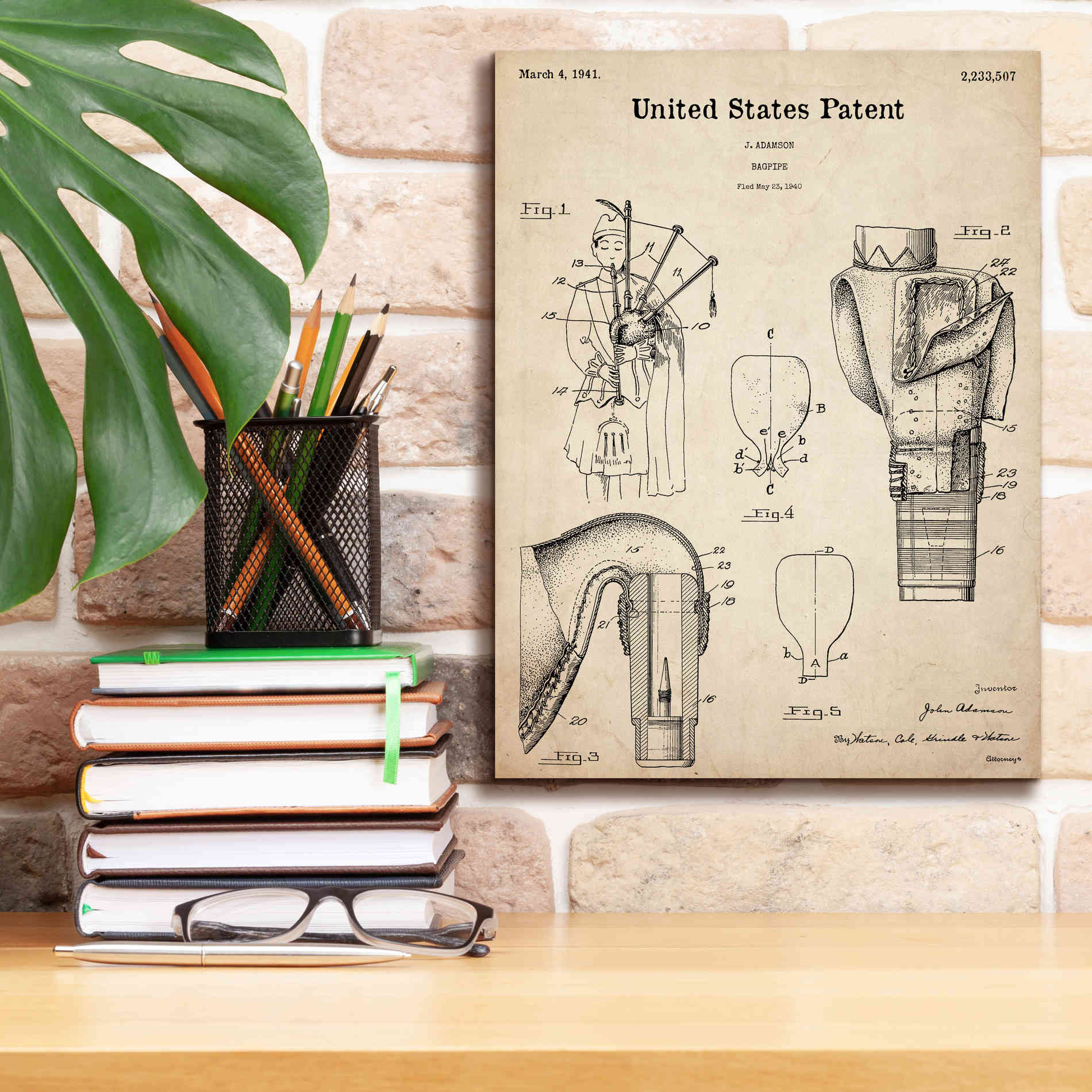 'Bagpipe Blueprint Patent Parchment,' Canvas Wall Art,12 x 16