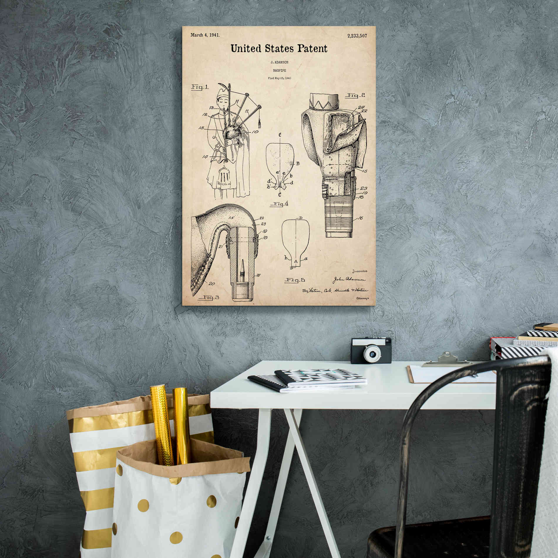 'Bagpipe Blueprint Patent Parchment,' Canvas Wall Art,18 x 26