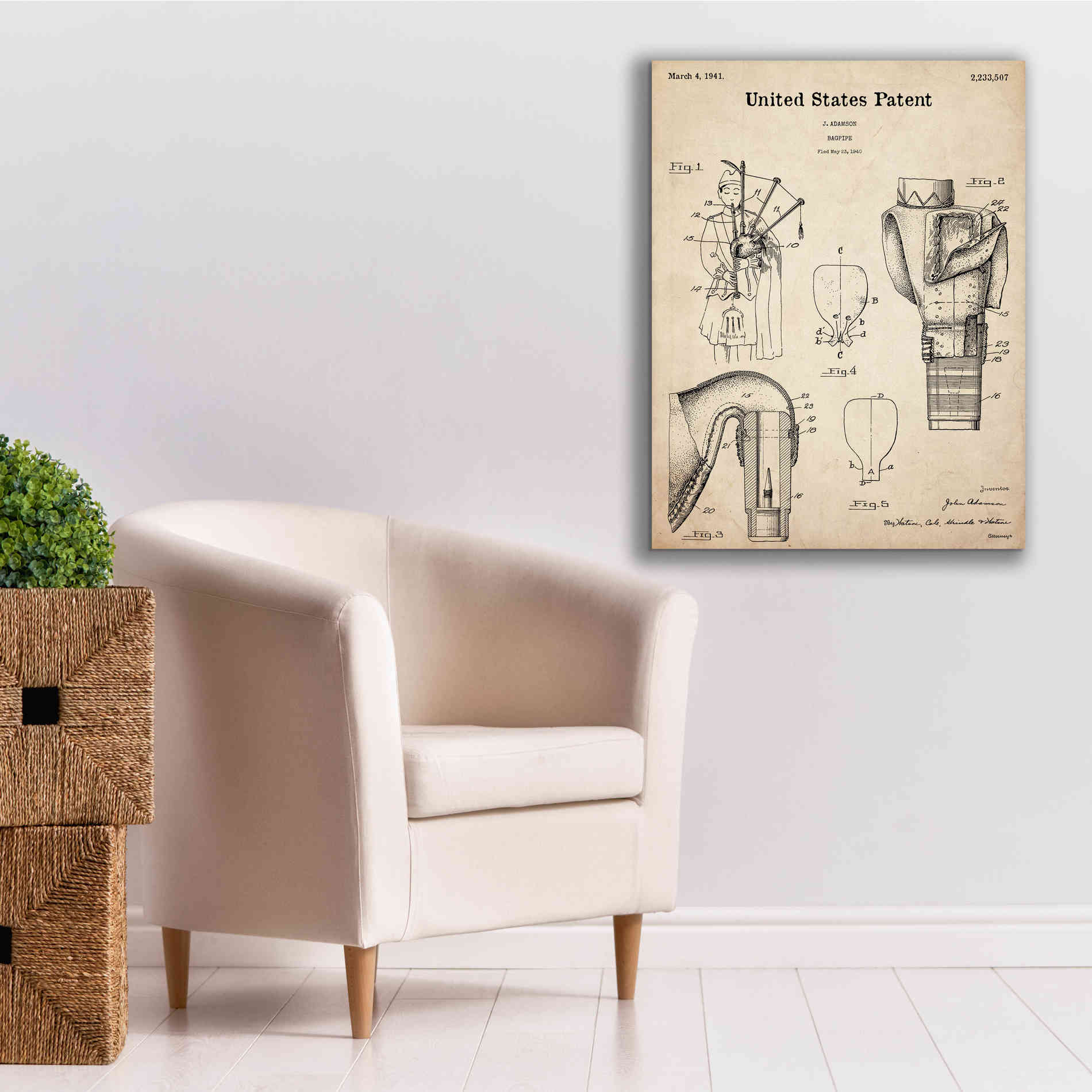 'Bagpipe Blueprint Patent Parchment,' Canvas Wall Art,26 x 34