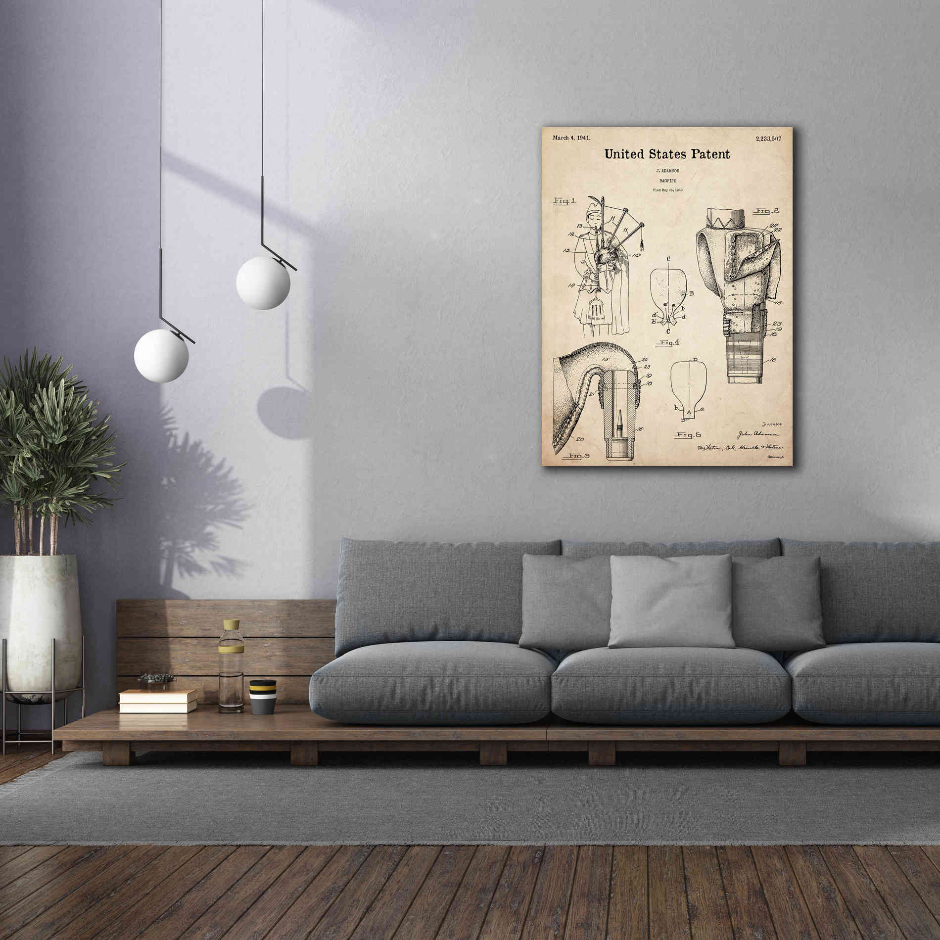 'Bagpipe Blueprint Patent Parchment,' Canvas Wall Art,40 x 54