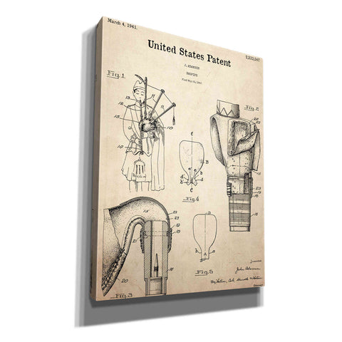 Image of 'Bagpipe Blueprint Patent Parchment,' Canvas Wall Art,12x16x1.1x0,18x26x1.1x0,26x34x1.74x0,40x54x1.74x0