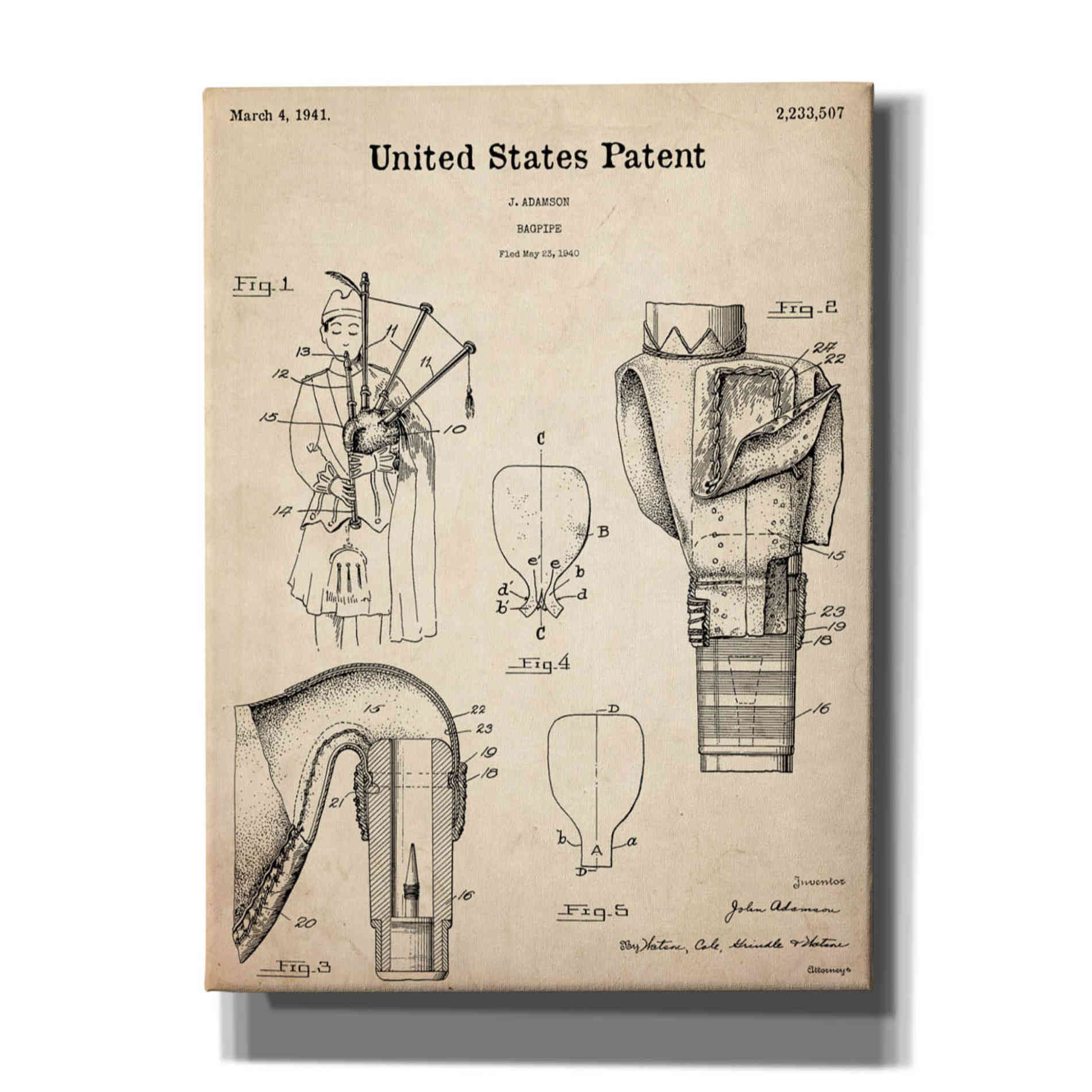 'Bagpipe Blueprint Patent Parchment,' Canvas Wall Art,12x16x1.1x0,18x26x1.1x0,26x34x1.74x0,40x54x1.74x0