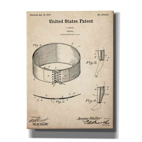 Image of 'Bandage Blueprint Patent Parchment,' Canvas Wall Art,12x16x1.1x0,18x26x1.1x0,26x34x1.74x0,40x54x1.74x0