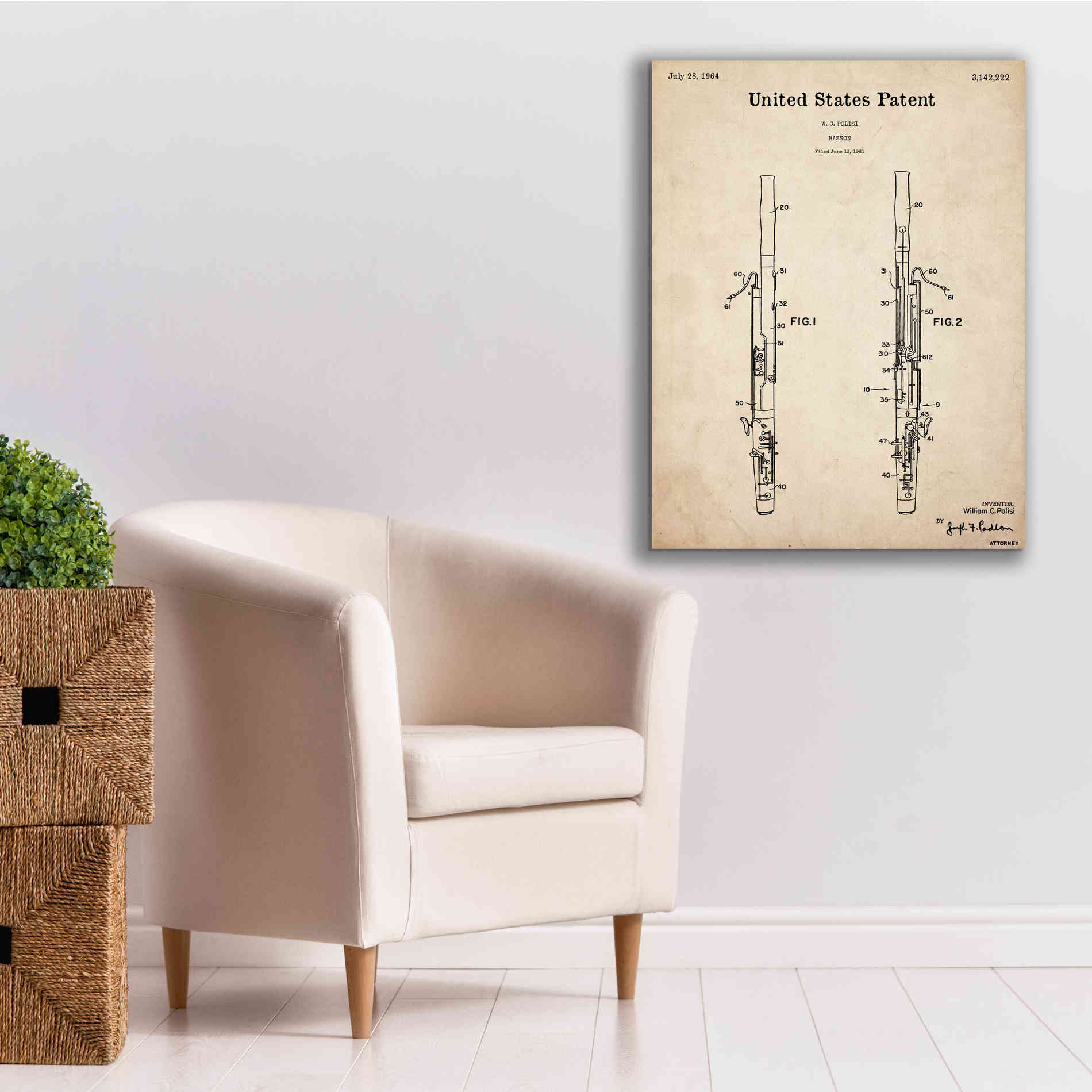 'Bassoon Blueprint Patent Parchment,' Canvas Wall Art,26 x 34