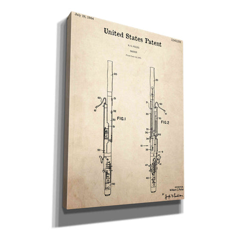 Image of 'Bassoon Blueprint Patent Parchment,' Canvas Wall Art,12x16x1.1x0,18x26x1.1x0,26x34x1.74x0,40x54x1.74x0