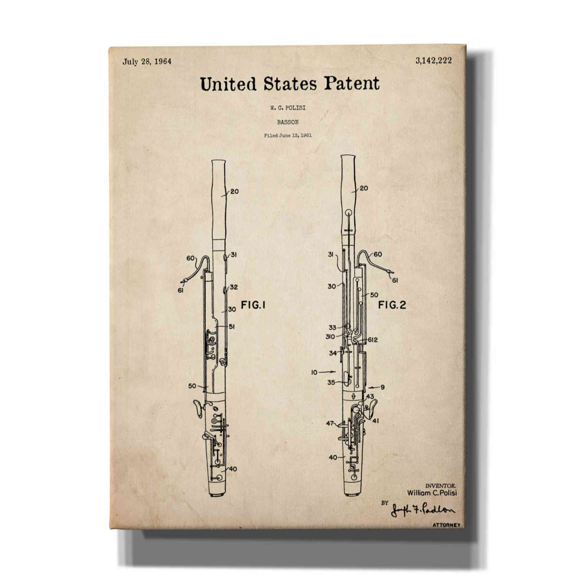 'Bassoon Blueprint Patent Parchment,' Canvas Wall Art,12x16x1.1x0,18x26x1.1x0,26x34x1.74x0,40x54x1.74x0