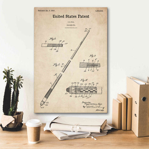 Image of 'Billard Cue Blueprint Patent Parchment,' Canvas Wall Art,18 x 26