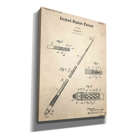 Image of 'Billard Cue Blueprint Patent Parchment,' Canvas Wall Art,12x16x1.1x0,18x26x1.1x0,26x34x1.74x0,40x54x1.74x0