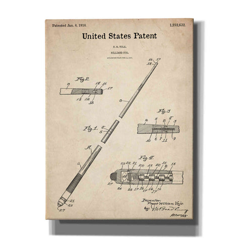 Image of 'Billard Cue Blueprint Patent Parchment,' Canvas Wall Art,12x16x1.1x0,18x26x1.1x0,26x34x1.74x0,40x54x1.74x0