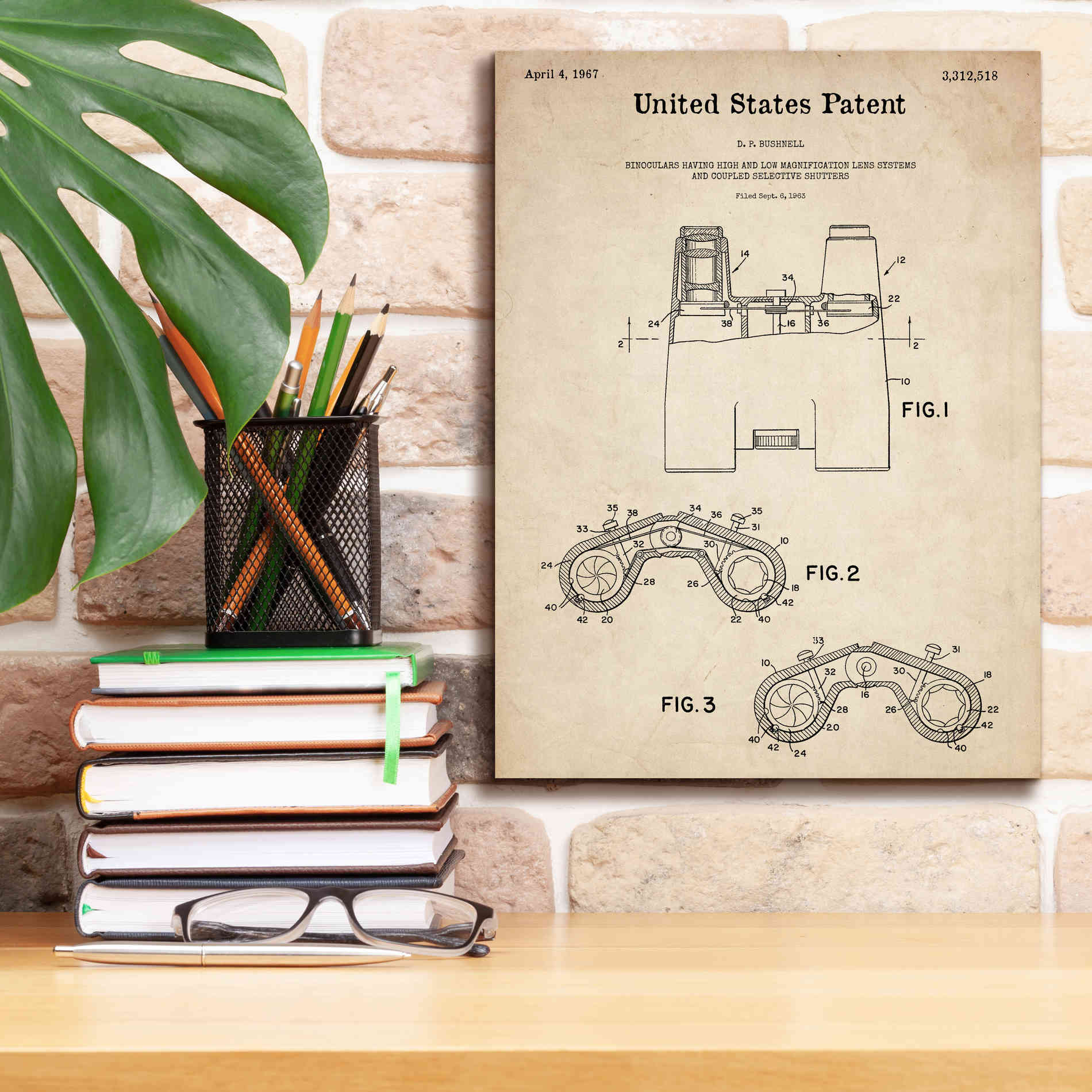 'Binoculars Blueprint Patent Parchment,' Canvas Wall Art,12 x 16