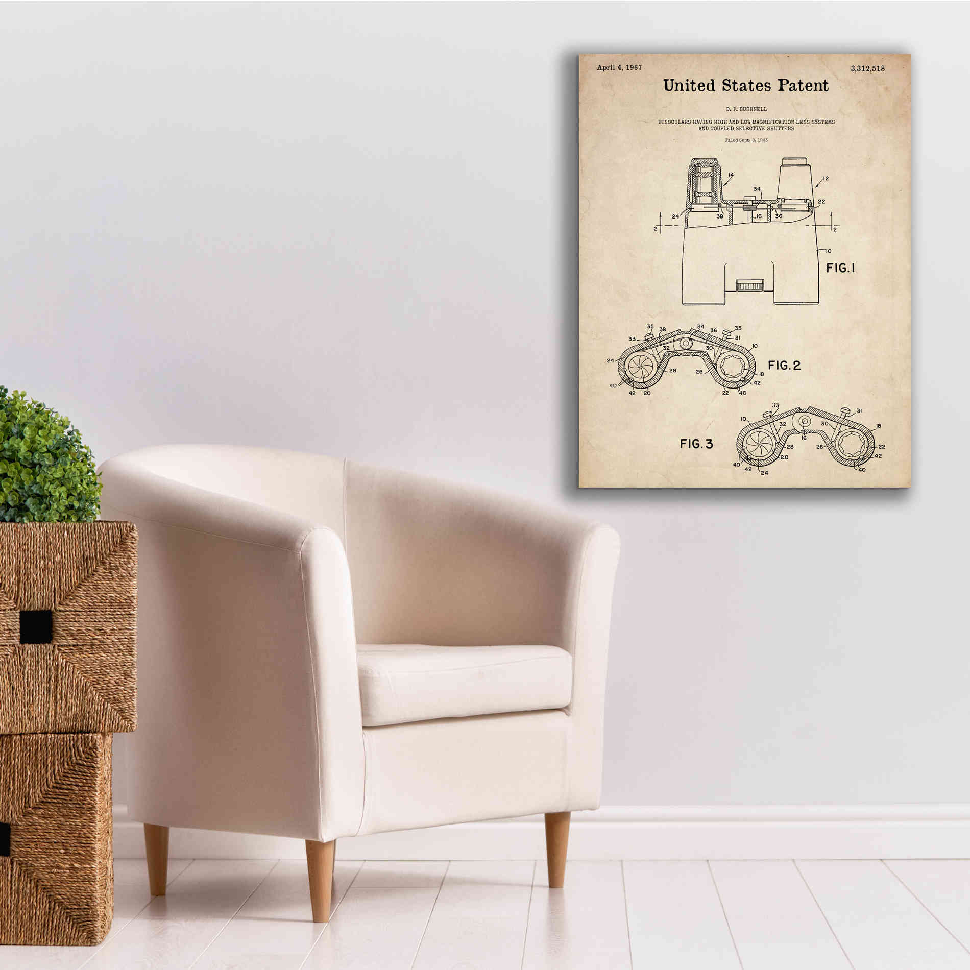 'Binoculars Blueprint Patent Parchment,' Canvas Wall Art,26 x 34