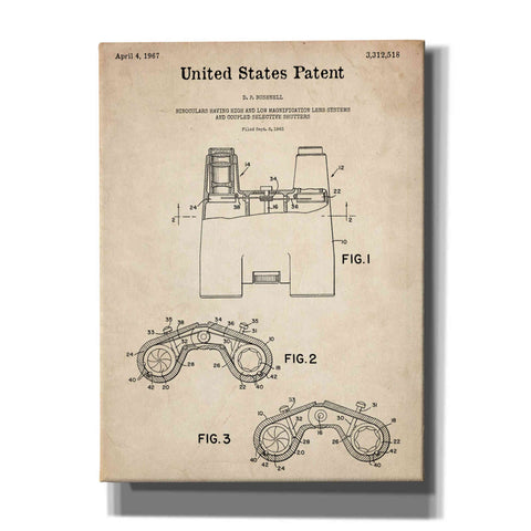 Image of 'Binoculars Blueprint Patent Parchment,' Canvas Wall Art,12x16x1.1x0,18x26x1.1x0,26x34x1.74x0,40x54x1.74x0