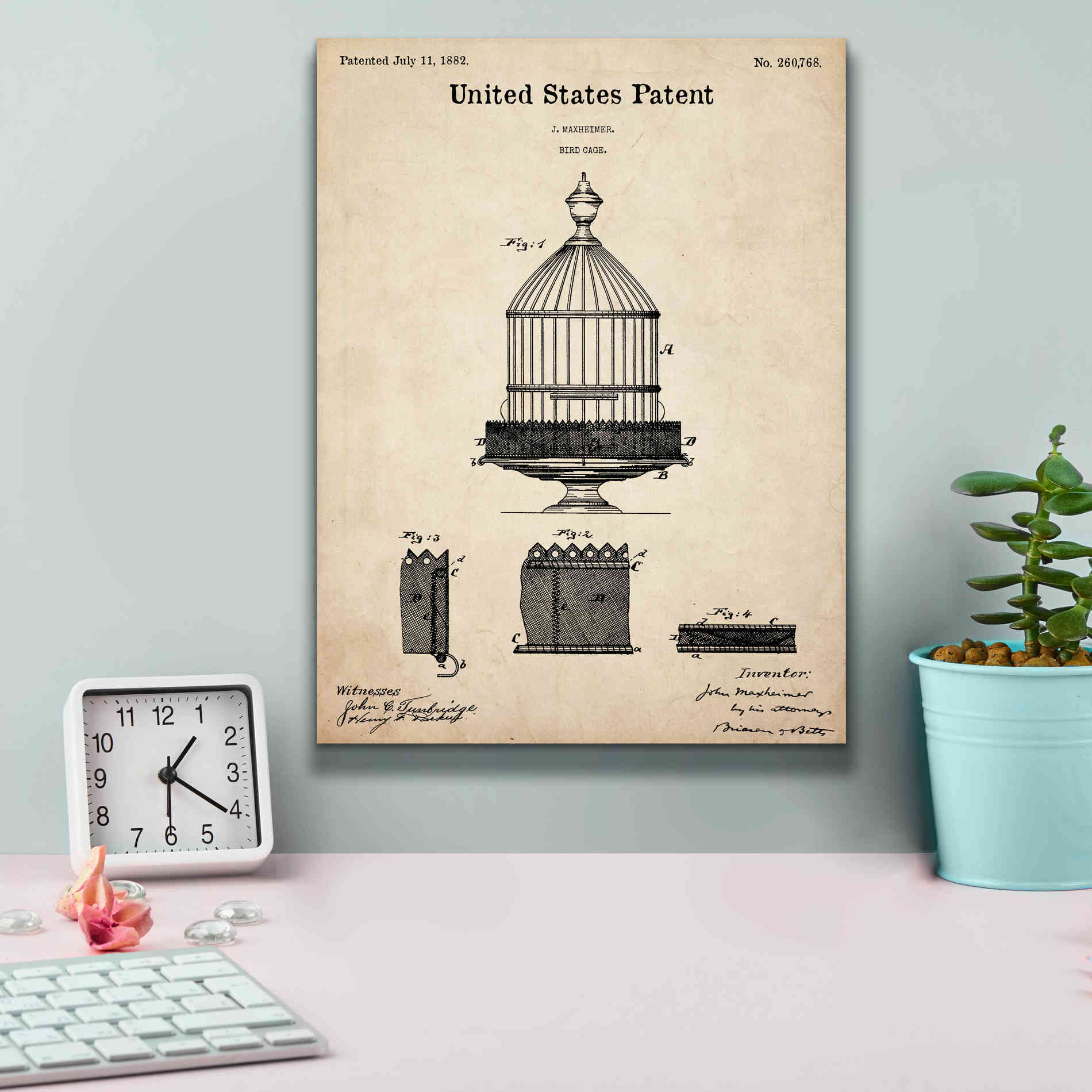 'Bird Cage Blueprint Patent Parchment,' Canvas Wall Art,12 x 16