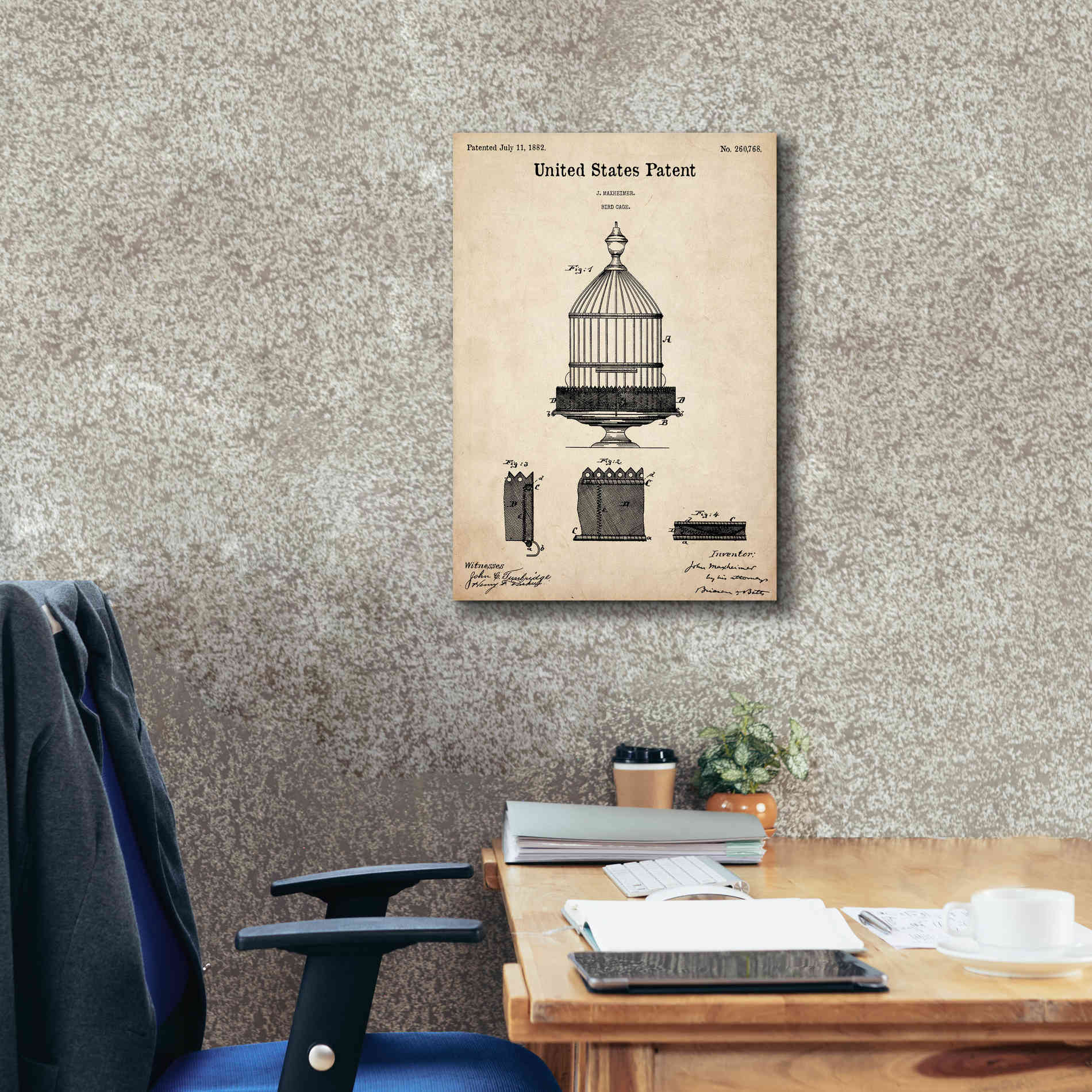 'Bird Cage Blueprint Patent Parchment,' Canvas Wall Art,18 x 26