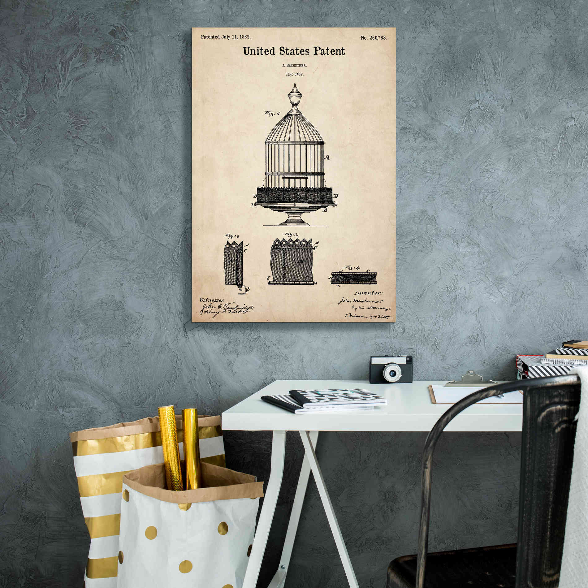 'Bird Cage Blueprint Patent Parchment,' Canvas Wall Art,18 x 26