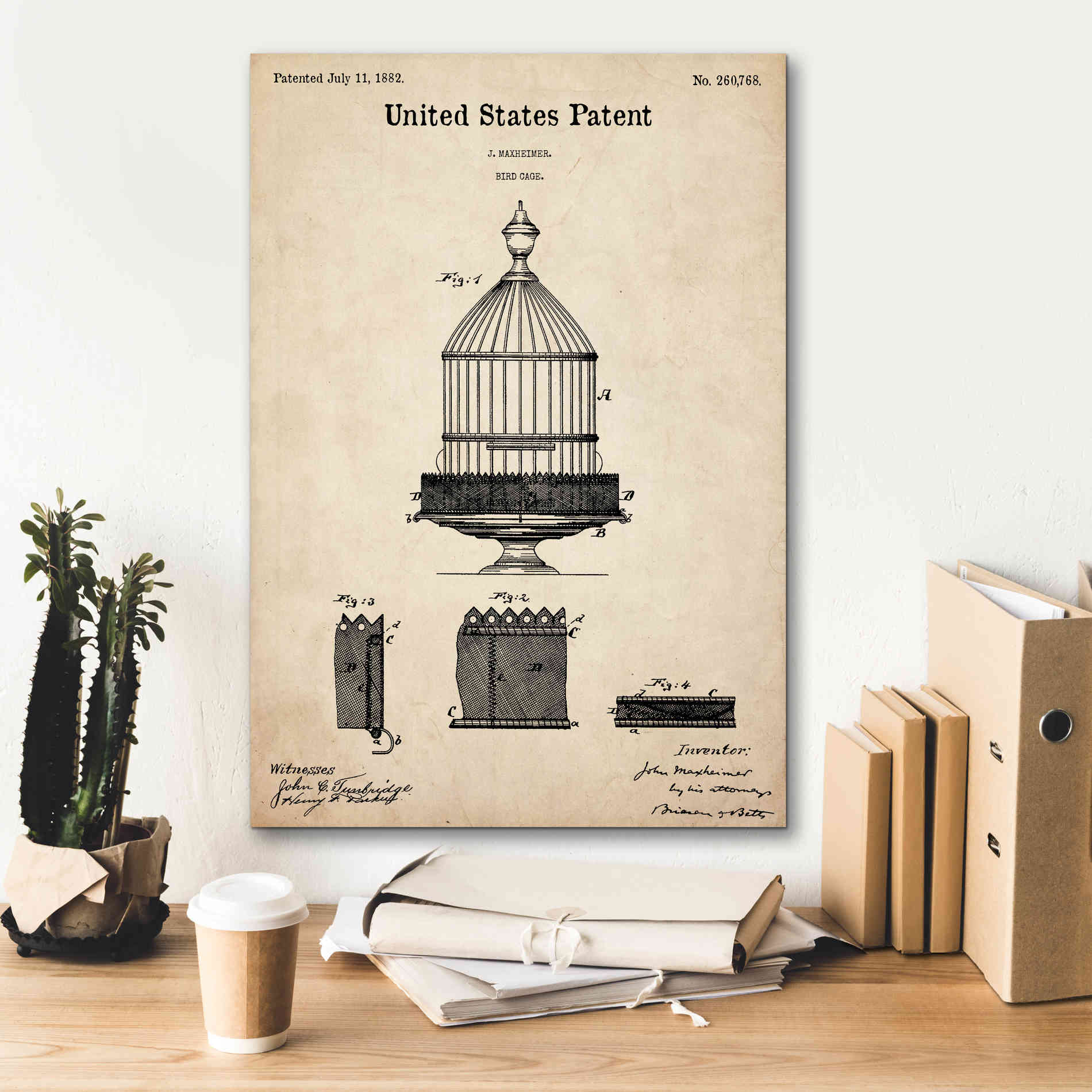 'Bird Cage Blueprint Patent Parchment,' Canvas Wall Art,18 x 26