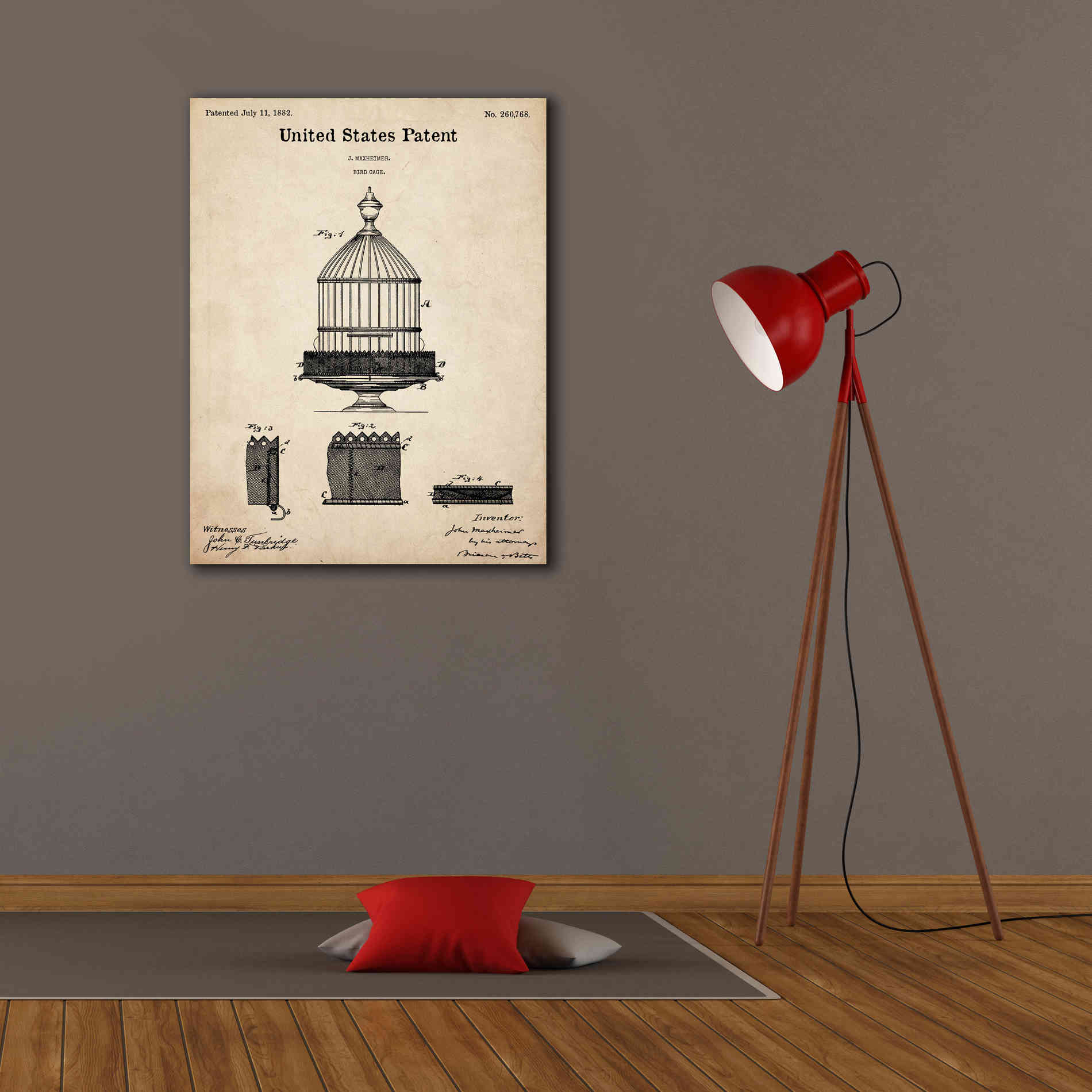 'Bird Cage Blueprint Patent Parchment,' Canvas Wall Art,26 x 34