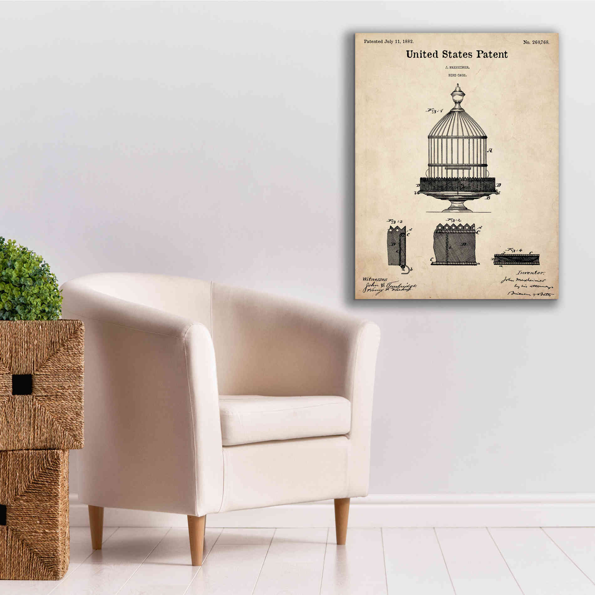 'Bird Cage Blueprint Patent Parchment,' Canvas Wall Art,26 x 34