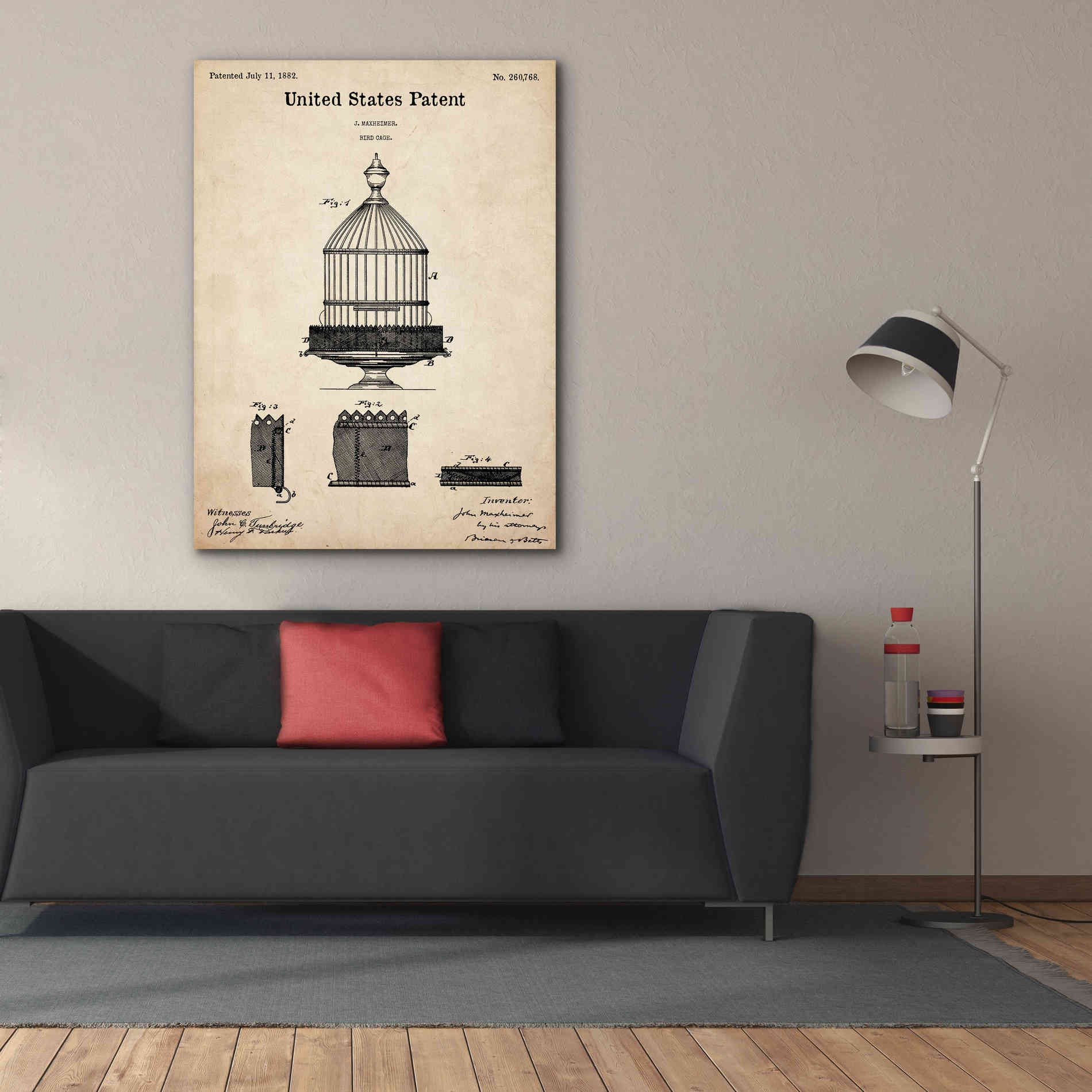 'Bird Cage Blueprint Patent Parchment,' Canvas Wall Art,40 x 54