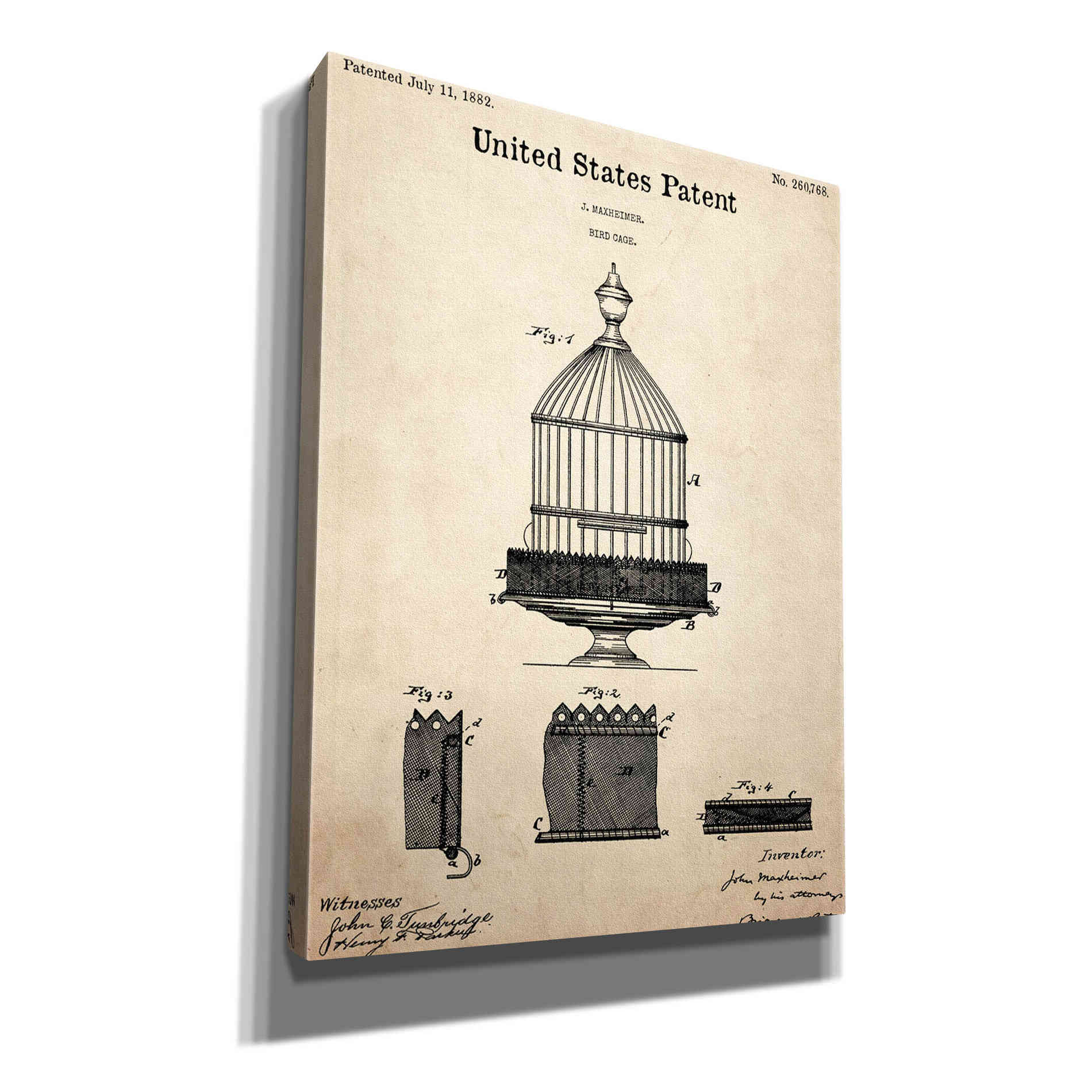 'Bird Cage Blueprint Patent Parchment,' Canvas Wall Art,12x16x1.1x0,18x26x1.1x0,26x34x1.74x0,40x54x1.74x0