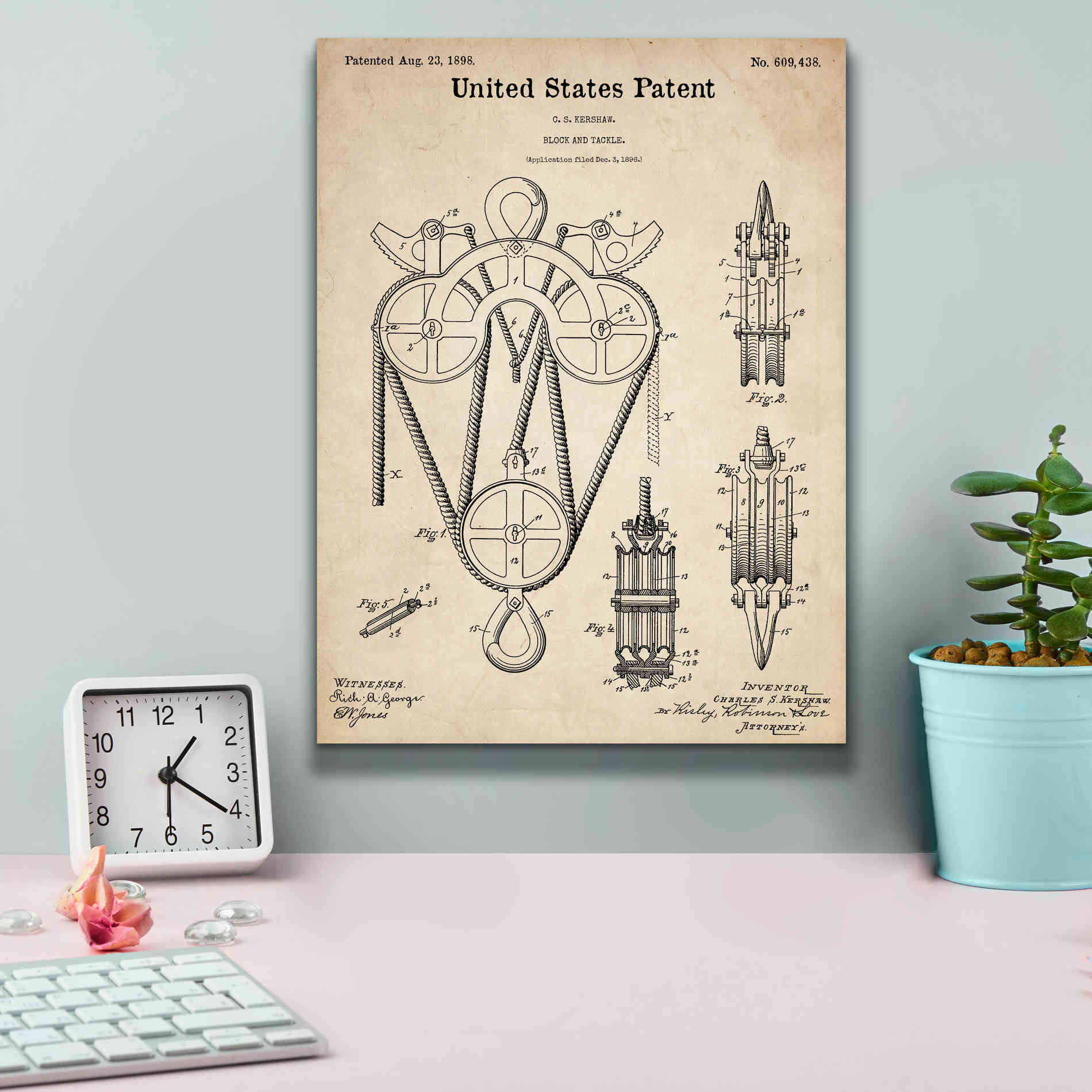 'Block and Tackle Blueprint Patent Parchment,' Canvas Wall Art,12 x 16