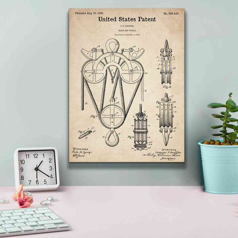 Image of 'Block and Tackle Blueprint Patent Parchment,' Canvas Wall Art,12 x 16