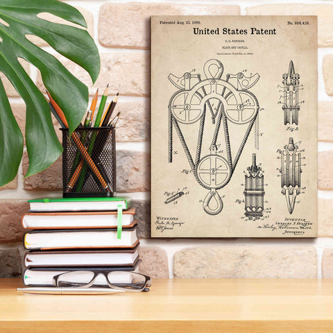 Image of 'Block and Tackle Blueprint Patent Parchment,' Canvas Wall Art,12 x 16