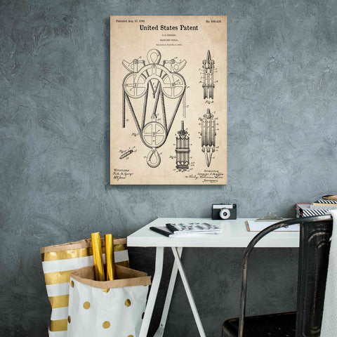 Image of 'Block and Tackle Blueprint Patent Parchment,' Canvas Wall Art,18 x 26