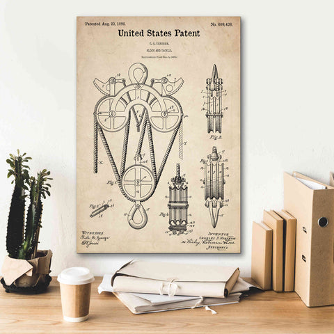 Image of 'Block and Tackle Blueprint Patent Parchment,' Canvas Wall Art,18 x 26