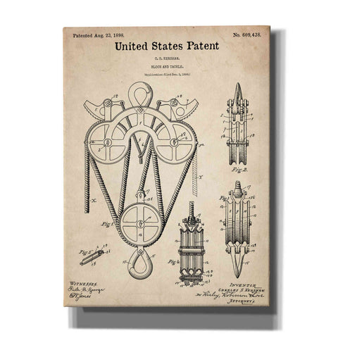 Image of 'Block and Tackle Blueprint Patent Parchment,' Canvas Wall Art,12x16x1.1x0,18x26x1.1x0,26x34x1.74x0,40x54x1.74x0