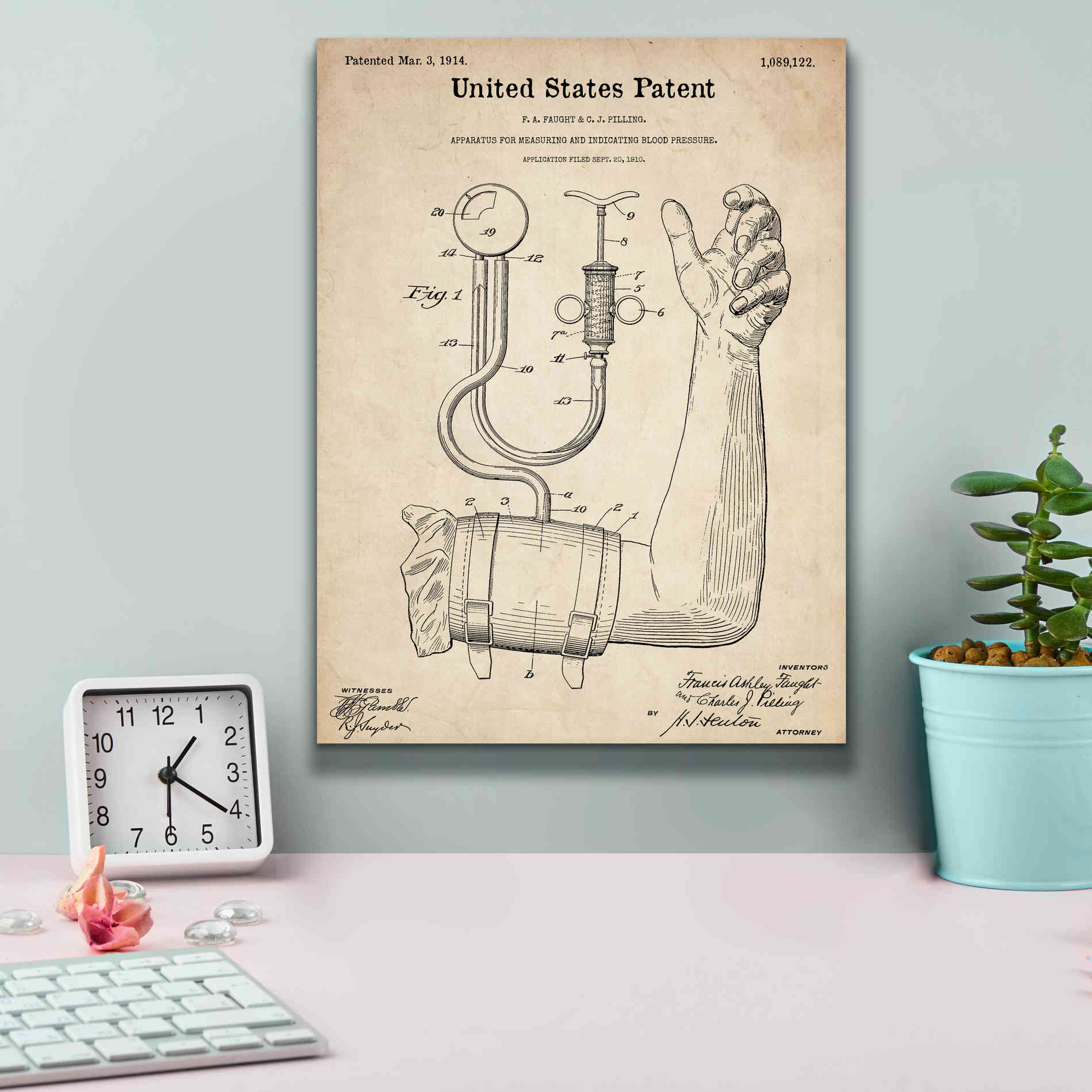 'Blood Pressure Pump Blueprint Patent Parchment,' Canvas Wall Art,12 x 16