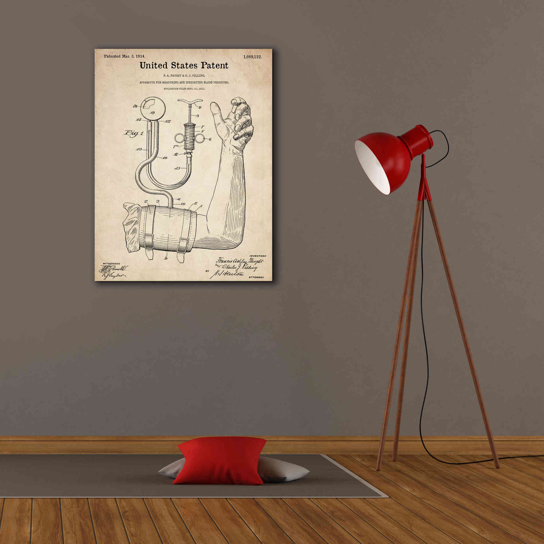 'Blood Pressure Pump Blueprint Patent Parchment,' Canvas Wall Art,26 x 34