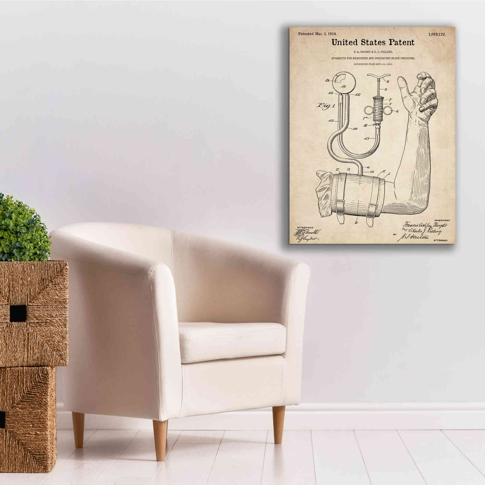 'Blood Pressure Pump Blueprint Patent Parchment,' Canvas Wall Art,26 x 34