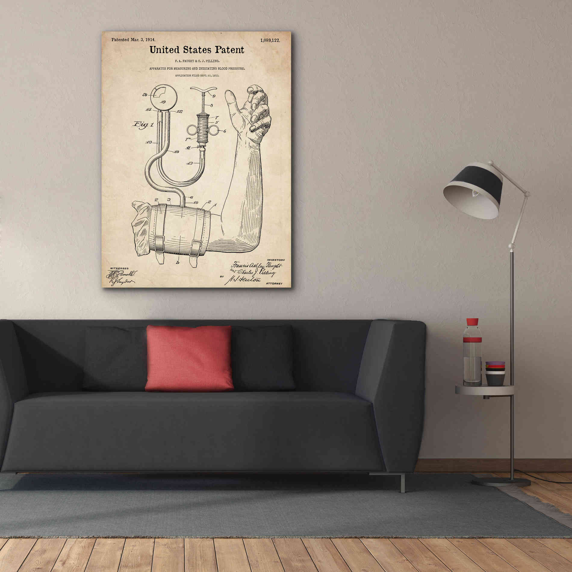 'Blood Pressure Pump Blueprint Patent Parchment,' Canvas Wall Art,40 x 54