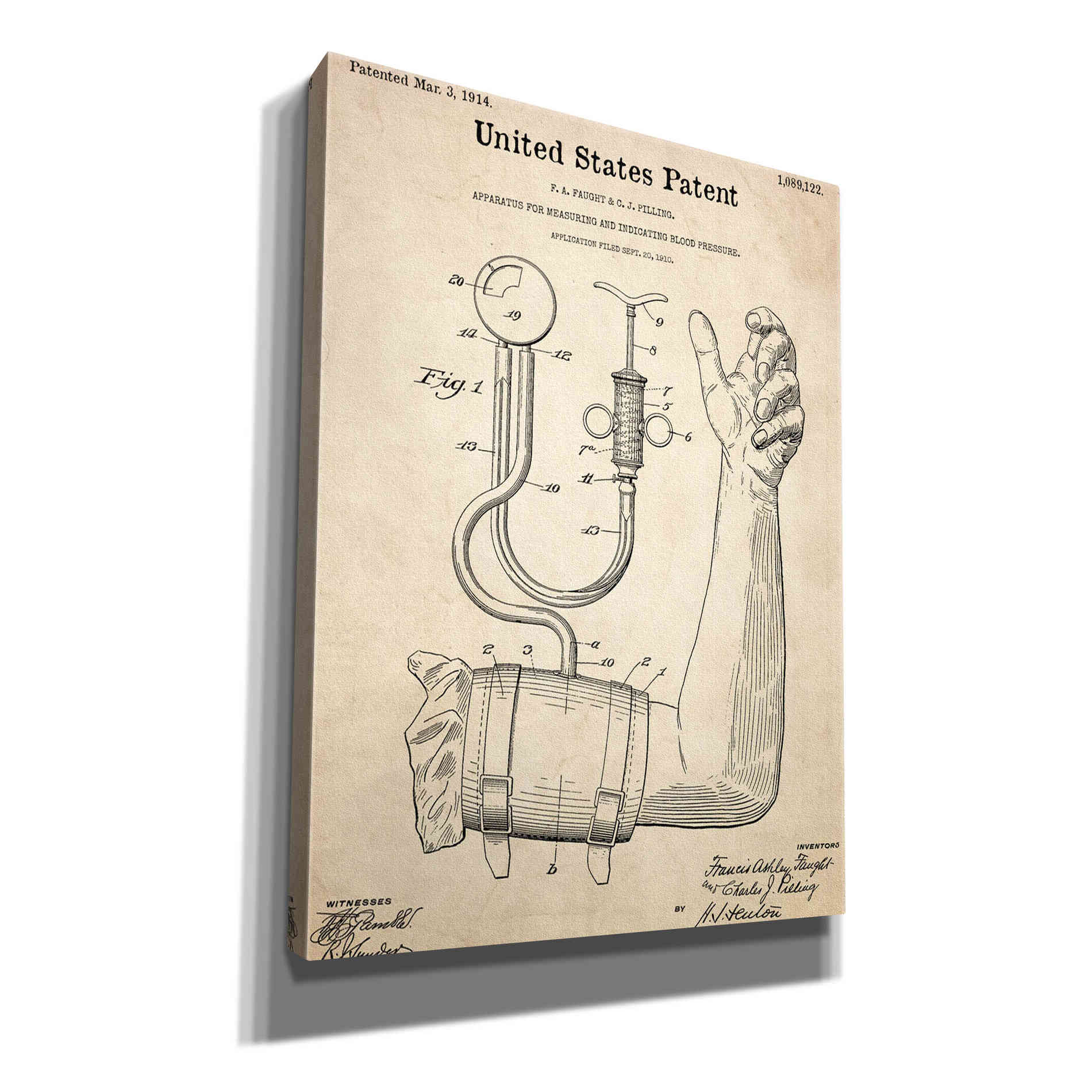 'Blood Pressure Pump Blueprint Patent Parchment,' Canvas Wall Art,12x16x1.1x0,18x26x1.1x0,26x34x1.74x0,40x54x1.74x0
