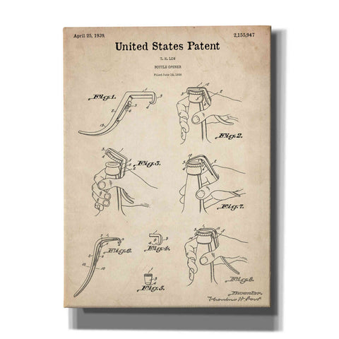 Image of 'Bottle Opener Blueprint Patent Parchment,' Canvas Wall Art,12x16x1.1x0,18x26x1.1x0,26x34x1.74x0,40x54x1.74x0