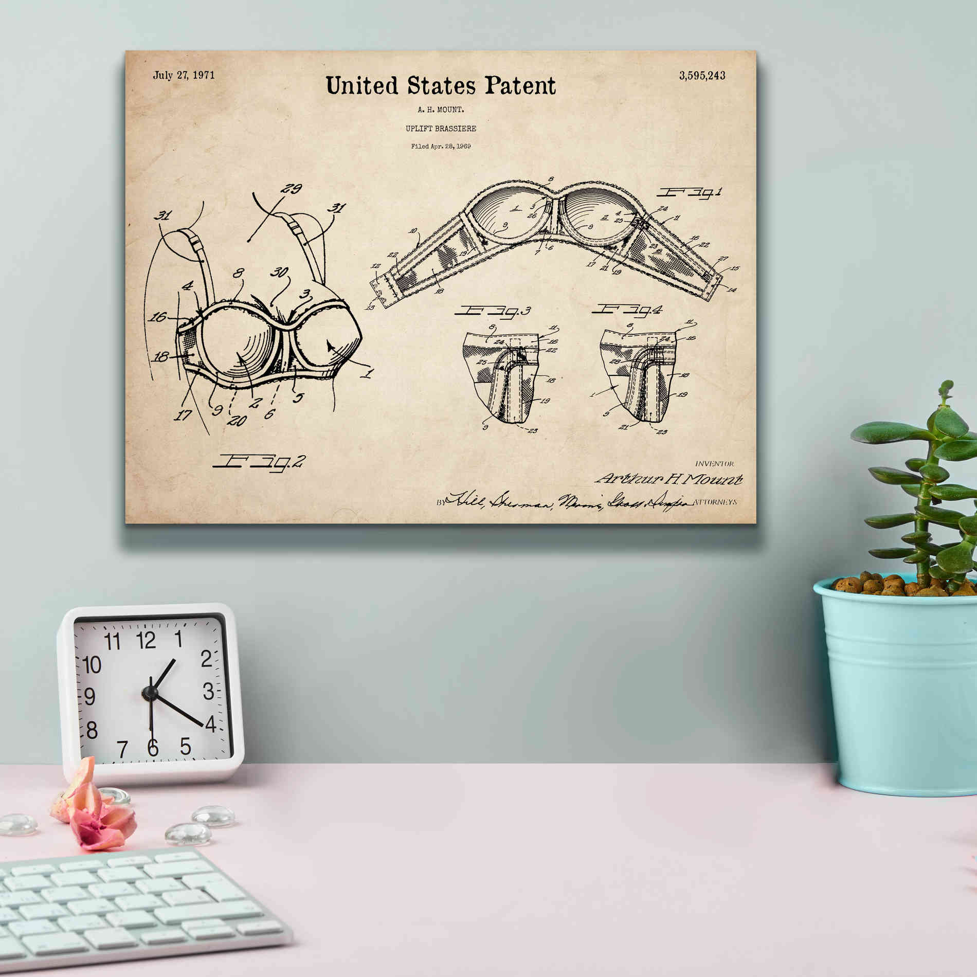 'Push-up Bra Blueprint Patent Parchment,' Canvas Wall Art,16 x 12