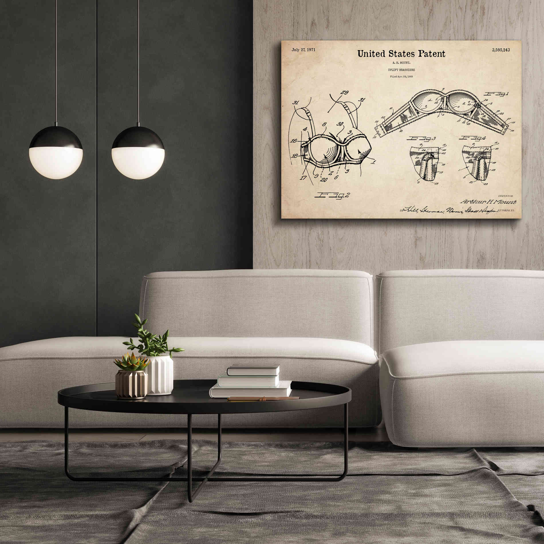 'Push-up Bra Blueprint Patent Parchment,' Canvas Wall Art,54 x 40