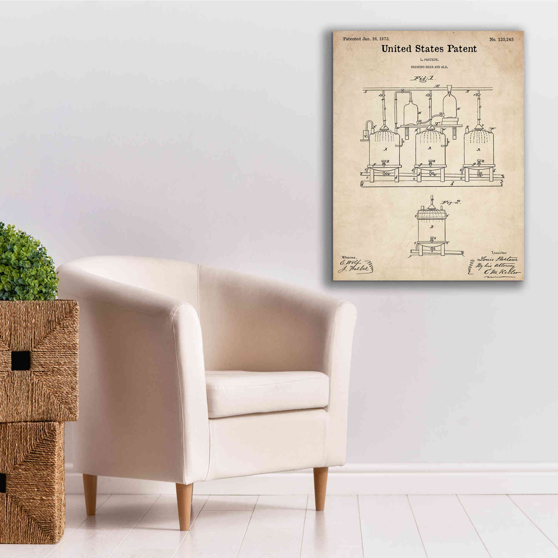 'Brewing Beer and Ale Blueprint Patent Parchment,' Canvas Wall Art,26 x 34