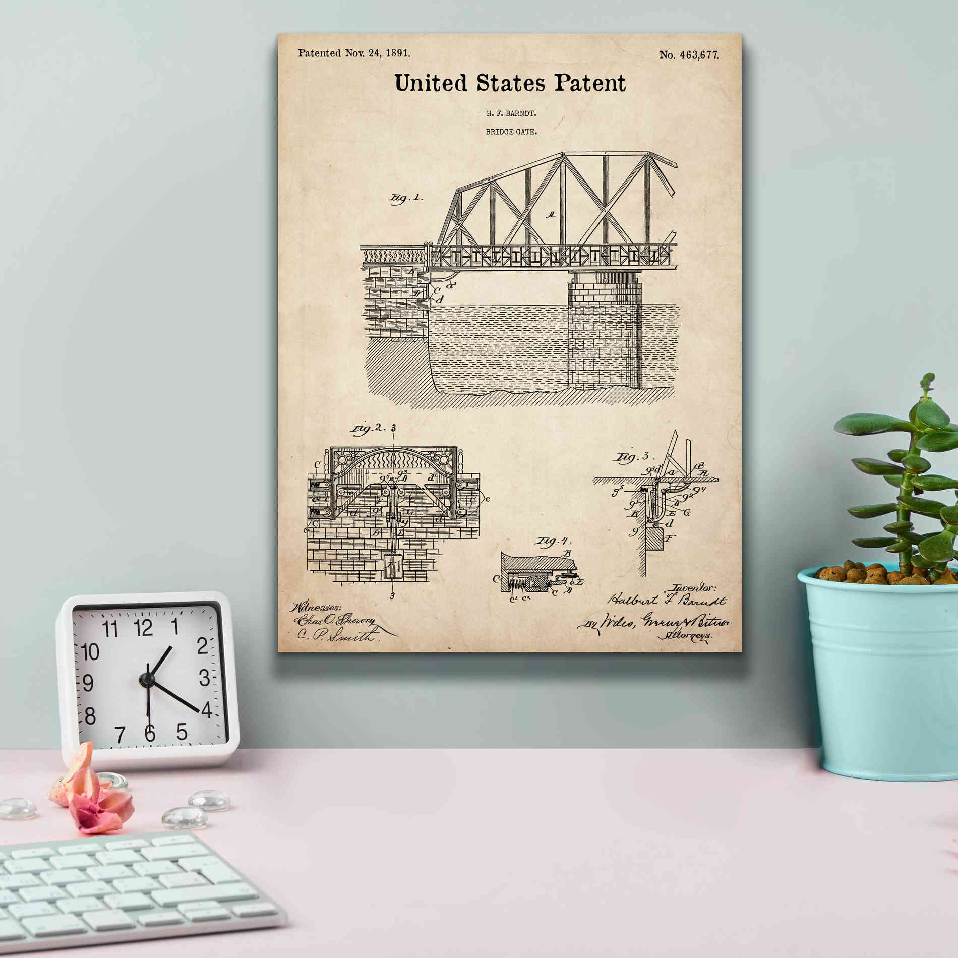 'Bridge Gate Blueprint Patent Parchment,' Canvas Wall Art,12 x 16