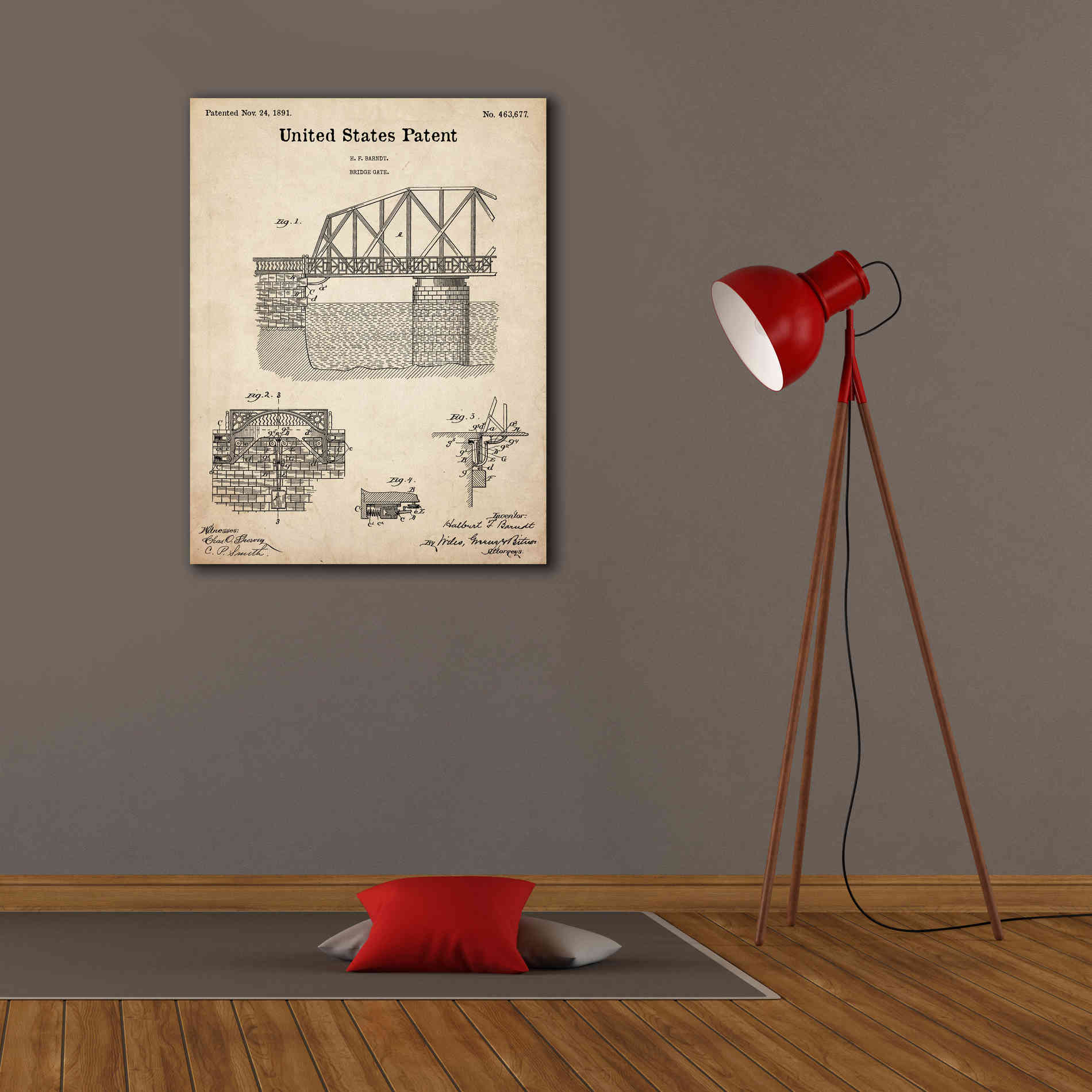 'Bridge Gate Blueprint Patent Parchment,' Canvas Wall Art,26 x 34