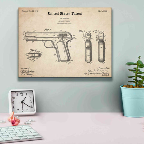 Image of 'Pistol Blueprint Patent Parchment,' Canvas Wall Art,16 x 12