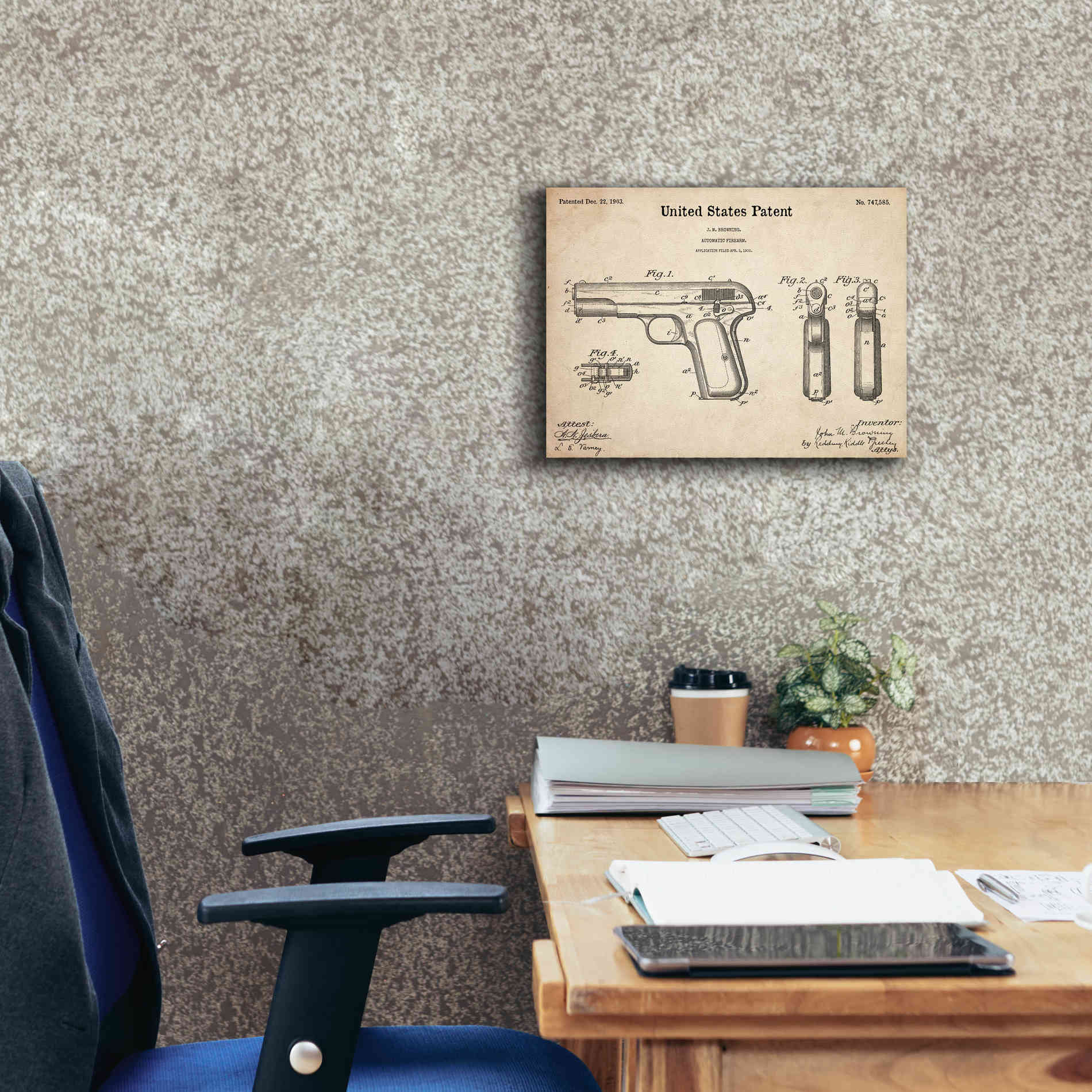 'Pistol Blueprint Patent Parchment,' Canvas Wall Art,16 x 12