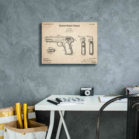 Image of 'Pistol Blueprint Patent Parchment,' Canvas Wall Art,16 x 12