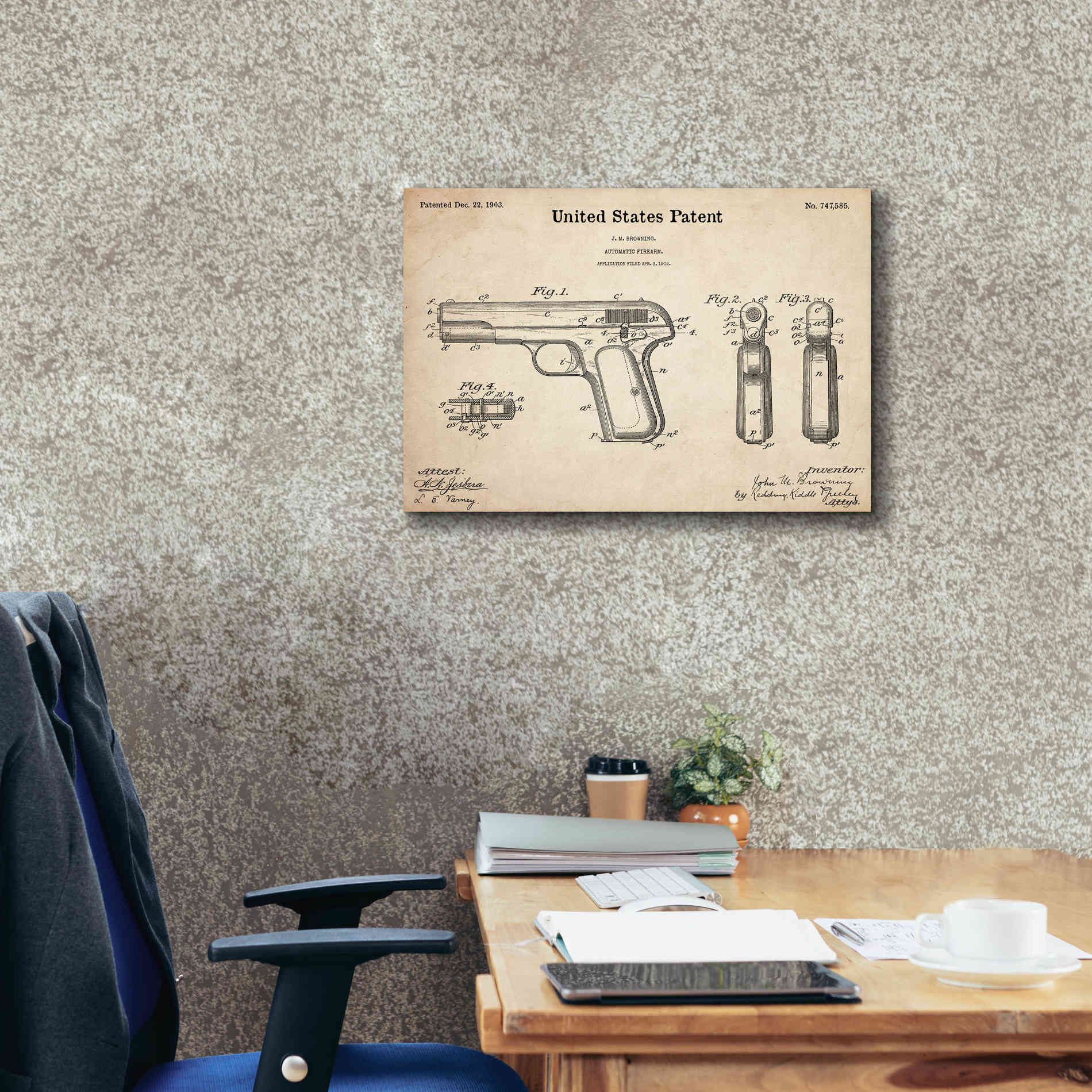 'Pistol Blueprint Patent Parchment,' Canvas Wall Art,26 x 18
