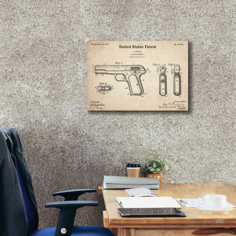 Image of 'Pistol Blueprint Patent Parchment,' Canvas Wall Art,26 x 18