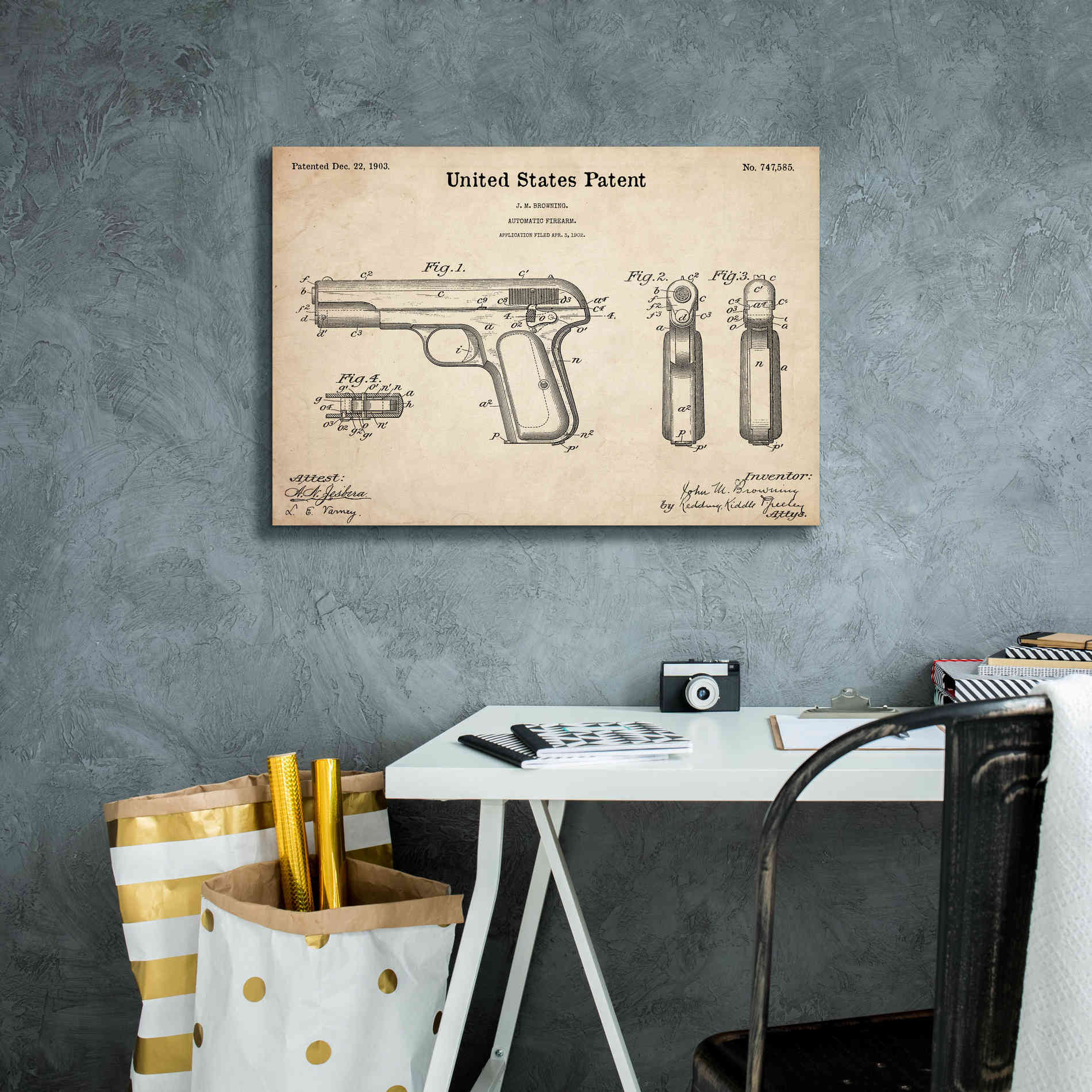 'Pistol Blueprint Patent Parchment,' Canvas Wall Art,26 x 18