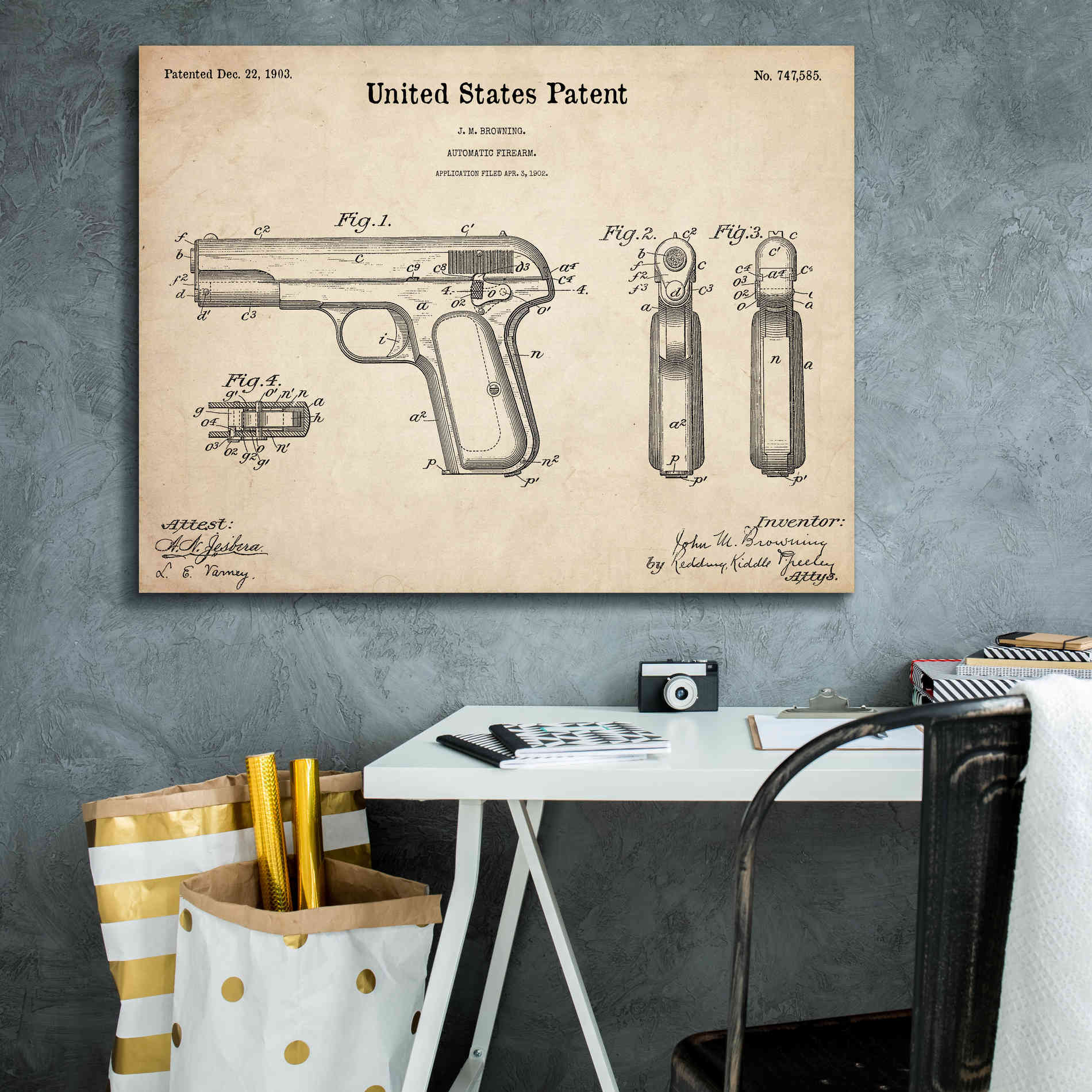 'Pistol Blueprint Patent Parchment,' Canvas Wall Art,34 x 26